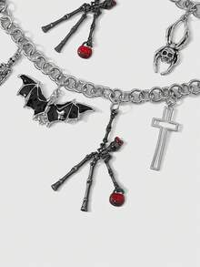 ROMWE Goth 1 Piece Women's Dark Style Chain Belt With Bat, Skull And Cross Motifs In Black - Silver multi-layer waist chain on both sides - View 2