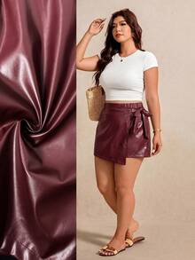 Elaquor Plus Size Summer Fashion Tie Wrap Shorts Elegant Sexy Burgundy PU Leather Skort Vacation Daily Rave Going Out For Women Casual Everyday Wear - Burgundy - View 7