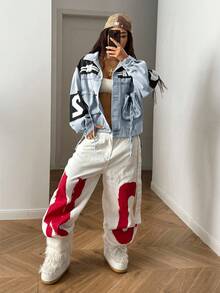 StreetHx Chaqueta vaquera de mujer con bloqueo de color y bordado de letras - Multicolor - Ver 5