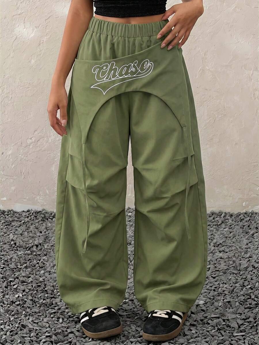 Coolane Kids Celana Parasut Blok Warna Putih untuk Remaja Perempuan, Gaya Streetwear Musim Panas/Semi, Festival Musik Y2K - Hijau - View 1