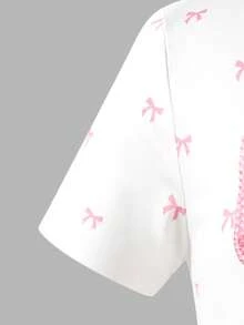SHEIN Y2K甜酷風白色蝴蝶結印花圓領短袖T恤（3D粉色仿真蝴蝶結印花）+淺藍色寬腿仿真工藝印花長褲（側面多個3D粉色蝴蝶結）時尚女款休閒套裝 - 彩色 - 查看 4
