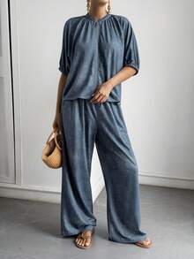 DAZY Conjunto de 2 piezas de mujer de verano y otoño, cuello en V, manga corta, cremallera, cintura con lazo, pierna ancha suelta, azul pizarra, denim, casual para vacaciones - Azul Marino - Ver 4