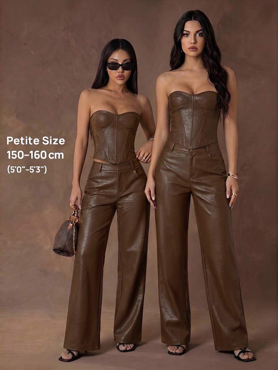 SHEIN PETITE 女款純色PU皮革口袋寬腿鬆身長褲 深棕色 秋季 性感 - 摩卡棕 - 查看 1