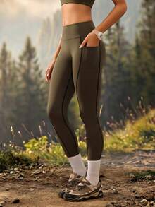 Exploreva Women's Casual Modest And Fitness Tight Leggings,Provides Lateral Movement, Leg Protection And Support Side Pocket Hiking Olive Green Trail Run Outfit - Green - View 1