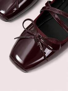 CUCCOO DOLLMOD Women's Ballet Flats, Crossed Bow Square Toe Flat Bottom Low Heel French Retro Glossy Mary Jane Shoes Commuter Dating Versatile Shoes Fall Shoes - Burgundy - View 4