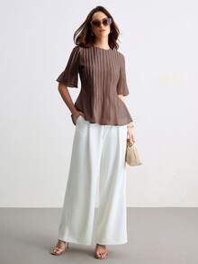 CielaLinda Women's Pleated Crew Neck Short Sleeve Waist-Cinched Top Teachers' Day Office Coffee Brown Summer Elegant - Brown - View 5