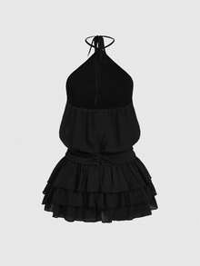 ROMWE Vestido mini de moda para mujer de unicolor con cuello halter, lazo y fruncido para citas - Negro - Ver 2