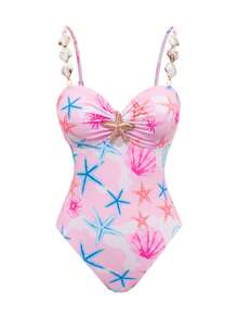 Bonvoyette Baju Renang Pantai Model One-Piece Kontrol Perut Model Konservatif Motif Kerang Terbaru 2026, Set 2 Potong - Berwarna merah muda - View 4