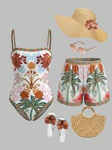 Swim Oasis Women's Floral Print One-Piece Swimsuit And Shorts, Suitable For Beach Vacation, Pool Party, Beach Party - Multicolor - View 1