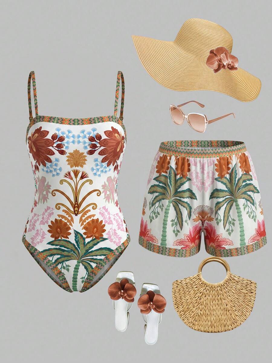 Swim Oasis Women's Floral Print One-Piece Swimsuit And Shorts, Suitable For Beach Vacation, Pool Party, Beach Party - Multicolor - View 1