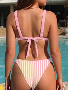 SHEIN Swim 女款夏季度假休閒海灘穿著 紅藍條紋印花兩件式比基尼套裝 綁帶泳衣套裝 - 彩色 - 查看 2