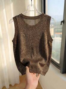 SHEIN Franclia New 2026 Women's Shimmering Gold Knit Tank Top-Round Neck, Ribbed Armhole Detail, Cropped Silhouette, Effortlessly Blending Retro 90s Glamour With Minimalist Chic, Ideal For Brunch Dates, Night Out And Spring Summer Daily Wear - Brown - View 2