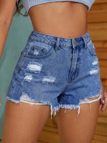 Jeanoix Plus Size Summer Casual Western Distressed Denim Shorts Beach Formal Going Out Blue - Medium Wash - View 1