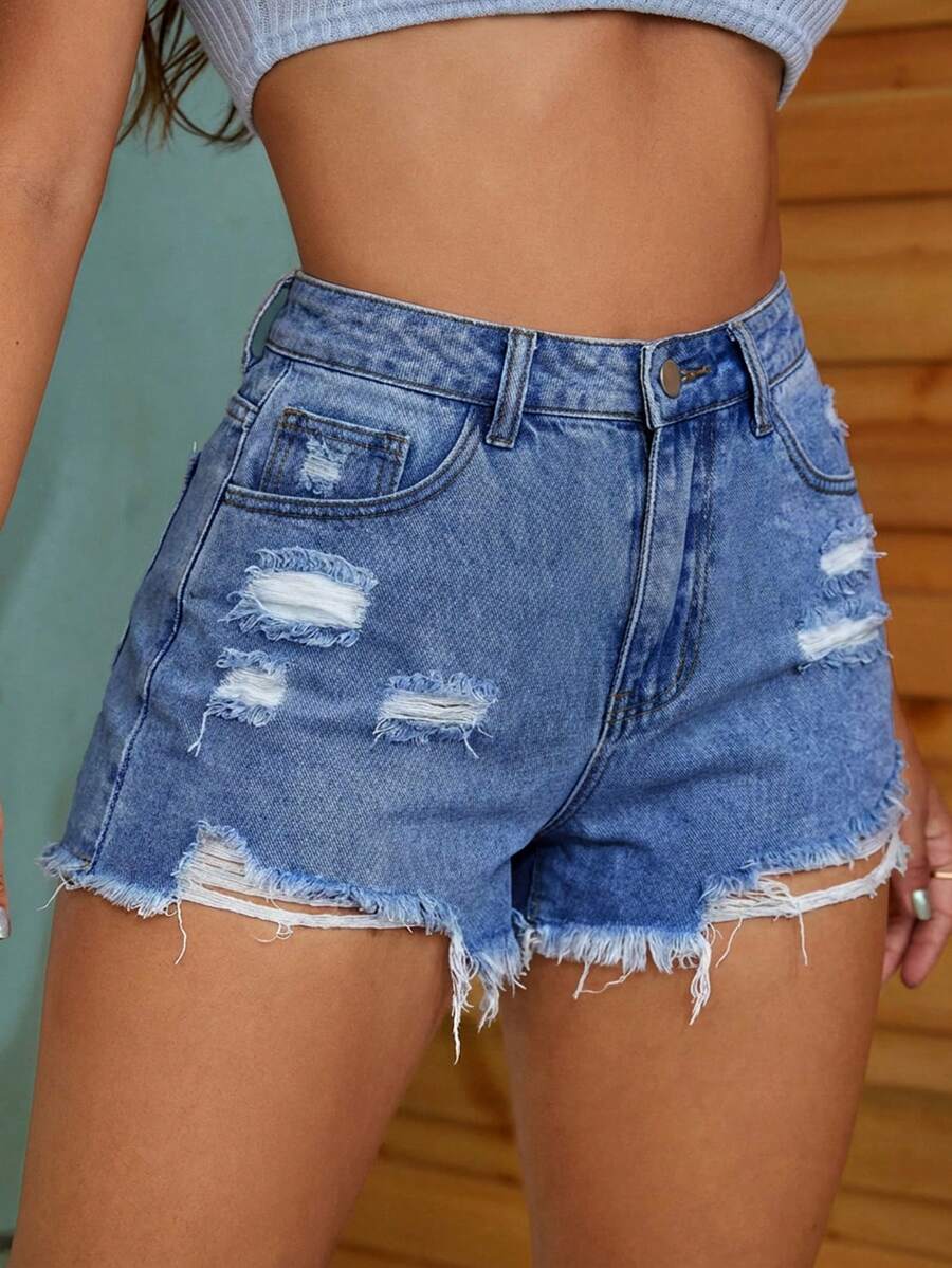 Jeanoix Plus Size Summer Casual Western Distressed Denim Shorts Beach Formal Going Out Blue - Medium Wash - View 1
