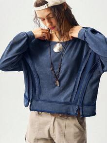 Bohemela BOHO 個性休閒純色針織連帽長袖寬鬆短版女款衛衣 秋季/日常白天穿搭 海軍藍 - 藏蓝色 - 查看 6