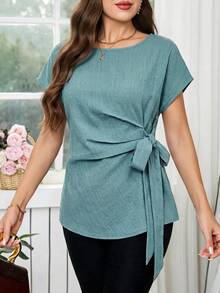 SHEIN Clasi Damen Bluse in Unifarbe mit Rundhalsausschnitt und Knoten-Design, lässig und vielseitig für den Alltag und Ausflüge - Grün - Übersicht 6