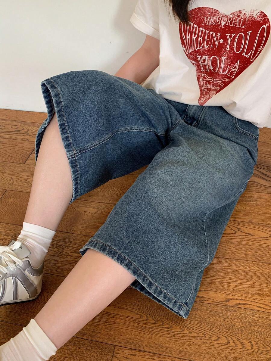 Dazy Plus Vintage Traditional Denim Washed Distressed Loose Straight Leg Casual Cropped Jeans Plus Size Women Autumn Formal Graduation Blue - Dark Wash - View 1