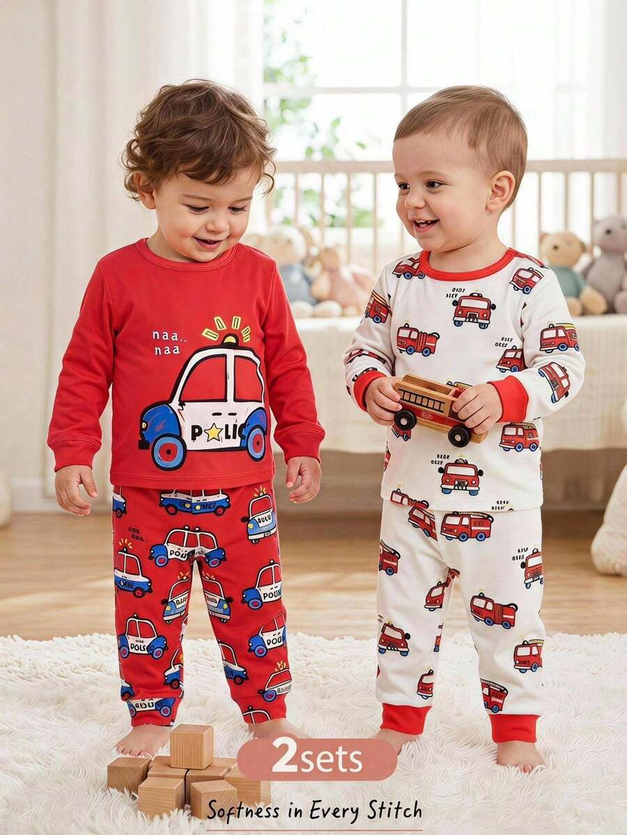 Cozy Pixies Piyama Bayi Laki-laki Pas Badan Motif Hewan Kartun Rajut Lembut Leher Bulat Lengan Pendek Atasan Pullover Pinggang Elastis Celana Pendek Pas Badan 2 Potong - Red and White - View 1
