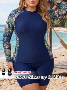 SHEIN CURVE+ 大尺碼女款印花長袖上衣與百慕達短褲泳裝套裝，保守成熟風，適合海灘、泳池與游泳 - 彩色 - 查看 1