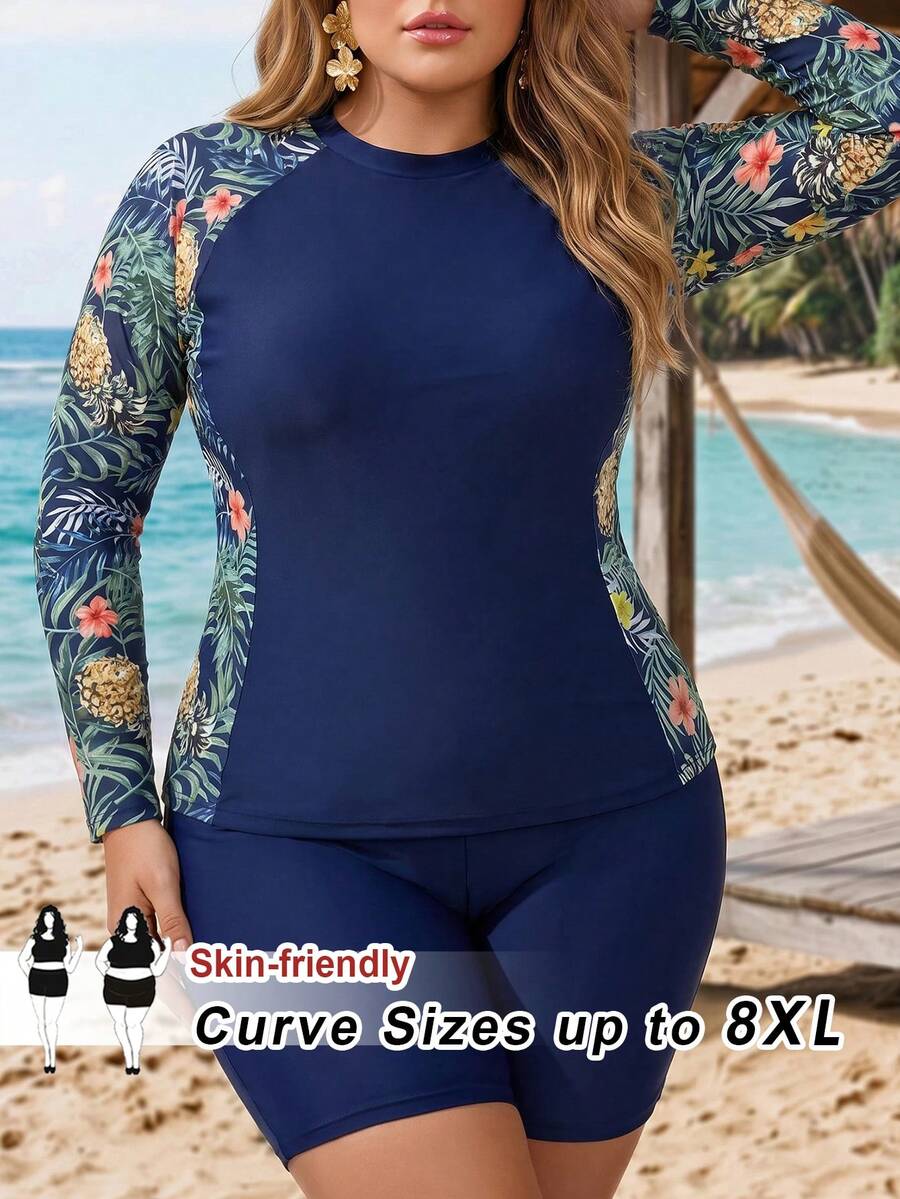 SHEIN CURVE+ 大尺碼女款印花長袖上衣與百慕達短褲泳裝套裝,保守成熟風,適合海灘、泳池與游泳 - 彩色 - 查看 1