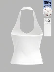SHEIN BASICS Camiseta de tirantes con cuello halter y abertura lateral en el bajo de unicolor para mujer - Blanco - Ver 6