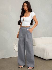 SHEIN PETITE 女款純色百褶口袋寬腿寬鬆休閒長褲 - 灰色 - 查看 5