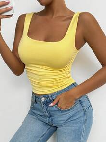 Allurite Summer Casual Solid Color Ruched Slim Fit Square Neck Tank Top - Yellow - View 7