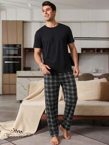 SHEIN Provexi Men's Solid Color Crew Neck Short Sleeve Top And Plaid Long Pants Casual Daily Home Wear Set - Black - View 7