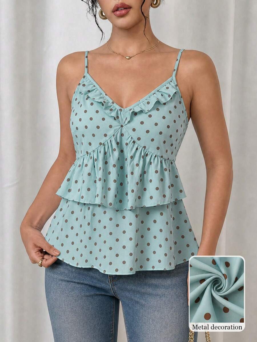 Modelyn 輕量多層圓點細肩帶吊帶上衣,女款V領荷葉邊上衣,適合海灘度假 - 薄荷綠 - 查看 1