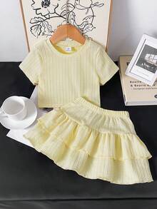 Genkimix Kids 女童刺繡圓領短袖紋理針織T恤與甜美蛋糕裙套裝，適合日常休閒、清新夏季度假、海灘、外出，可愛甜美穿搭 - 黃色 - 查看 6