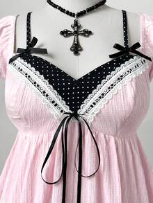 Sunspun Plus Size Women's Patchwork Polka Dot Pattern Bow Decor Ruffle Hem Blouse - Baby Pink - View 6