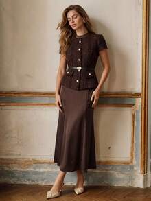 Anewsta Women's Elegant Coffee Color Dress With Tweed & Satin Patchwork, Fishtail Hem, Summer New Arrival - Coffee - View 2