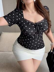 Dazy Plus 大尺碼夏季休閒波點印花前綁帶T恤 - 黑色 - 查看 6