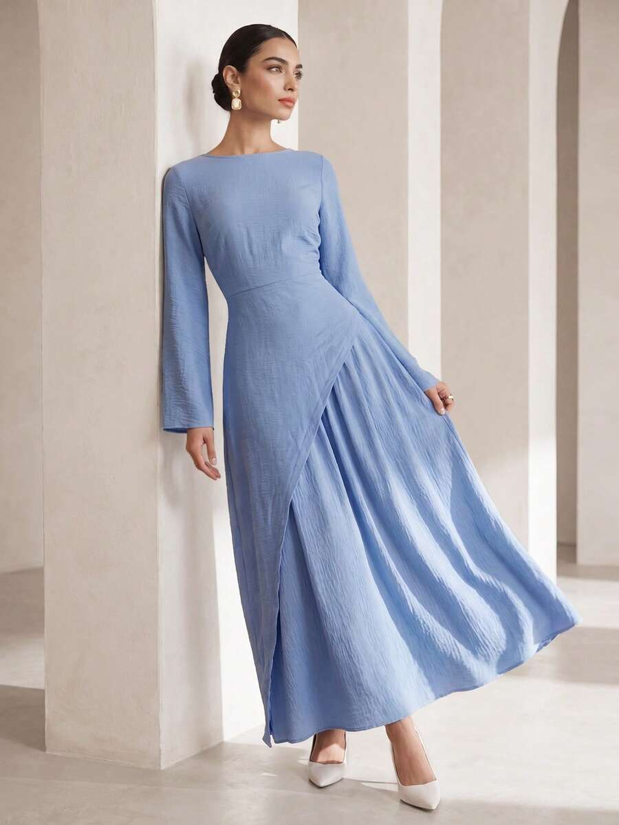 Graceveil Women Spring Autumn Textured Wrinkle Cinched Waist Maxi Dress Round Lantern Sleeve Metal Decor Gown For Daily Outing Date Sisters Gathering