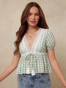 WESTFADE Gingham Plaid & Floral Lace V Neck Tassel Tie Front Short Puff Sleeve Ruffle Babydoll Top, School, Western, Female Country Look, Cowgirl, Rodeo - Green - View 5