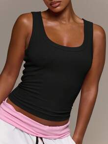 MUSERA ESSENTIALS Ribbed Scoop Neck Fitted Tank Vest Top Cute Everyday Basics Sexy Daily Spring Summer Essential - Black - View 6