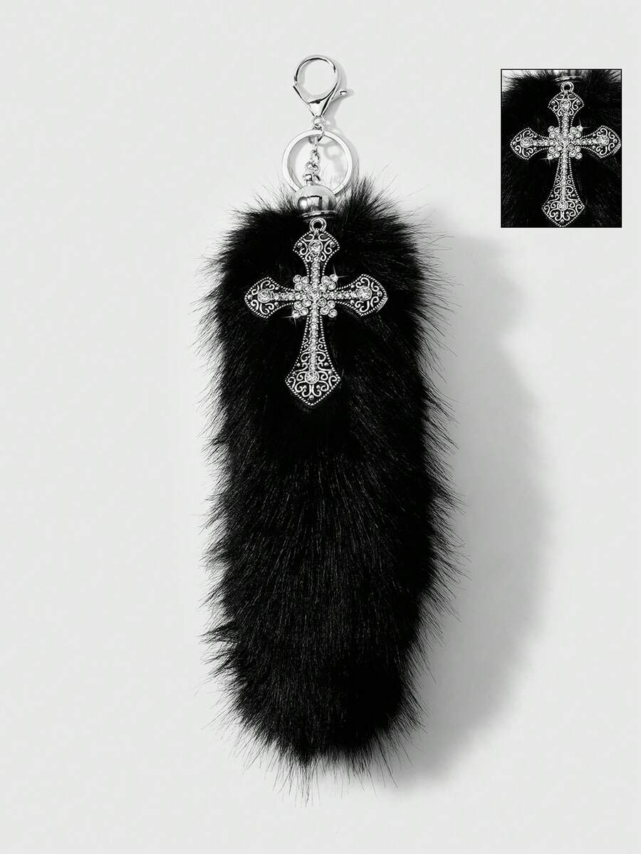 ROMWE Goth 1 Y2k Punk Dark Wind Black Simulation Wolf-Tailed Raccoon Tail Rhinestone Cross Decoration DIY Keychain Bag Pendant, Suitable For Girls To Wear - Black-59 - View 1