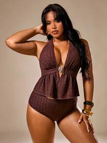 Auralis Plus Size Summer Beach Party Ruched Waist Buckle Swimsuit Set Outfits For Women Vacation Elegant Sexy Going Out - Brown - View 7