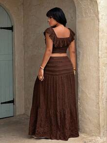 Rustia Summer French Minimalist Sexy Style White Set, Ruffle Hem Sexy Short Top + Casual Versatile Skirt, Casual Sexy Style 2 Pieces Set, Suitable For Summer Vacation - Coffee Brown - View 2