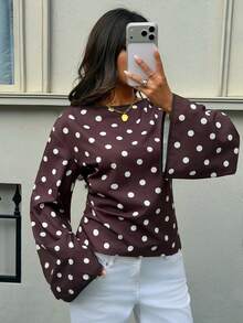 Siren Gaze Womens Elegant Polka Dot Blouse Boat Neck Long Lantern Sleeve Peplum Top With Waist Tie Detail For Daily Wear - Brown - View 4