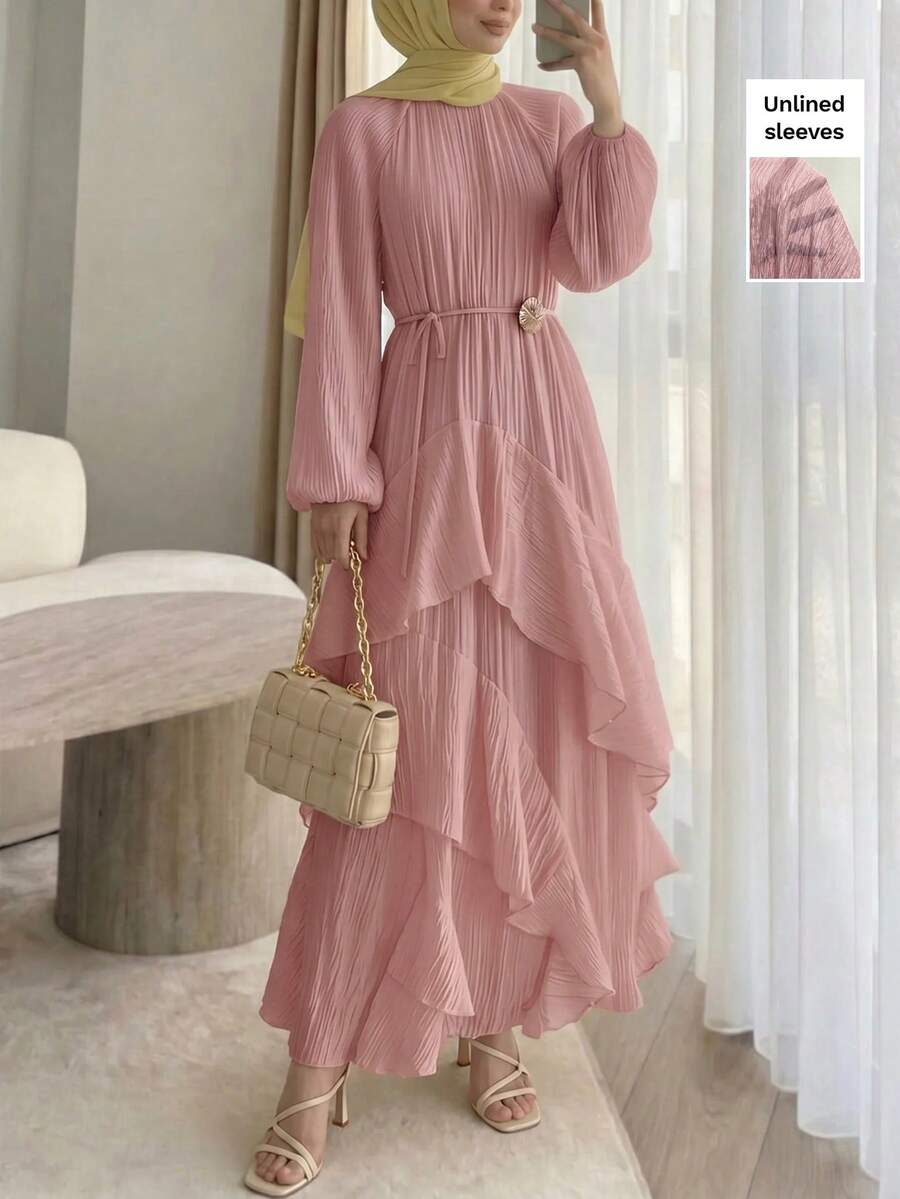 Solavon New Ruched Multi-Layer Flounce Cinched Waist Flowy Beach Dress, Flattering And Suitable For Vacation And Beach Unlined Sleeves
