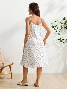 SHEIN French Ditsy Floral Camisole Nightgown, Lace Trim, Bow Decor, Loose Fit, Summer, Maternity Photoshoot, Loungewear, Dress White - Multicolor - View 4
