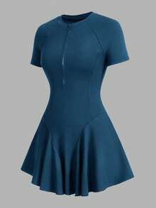 SHEIN Cheerettes 女款純色短袖前拉鍊運動連身裙附短褲 - Blue Power - 查看 1