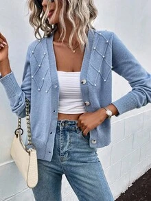 SHEIN 秋冬休閒珠飾裝飾開襟衫 - 藍色 - 查看 4