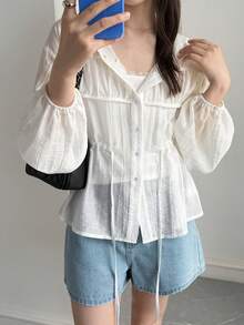 DAZY Solid Color Loose Drawstring Long Sleeve Casual Vacation Sun Protection Women's Shirt Summer School - White - View 1