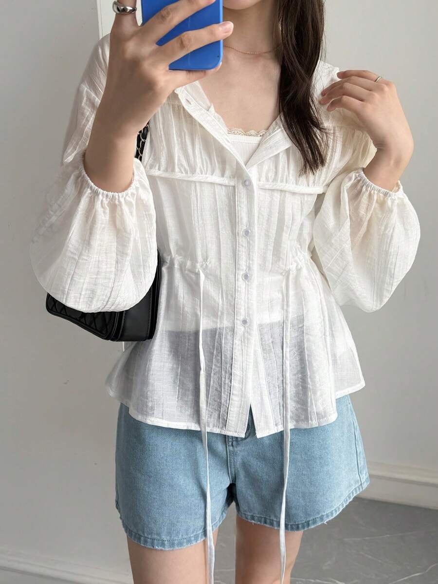 DAZY Solid Color Loose Drawstring Long Sleeve Casual Vacation Sun Protection Women's Shirt Summer School - White - View 1