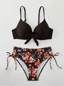 SHEIN Swim Swim Lushoire 女士成熟時尚性感泳裝兩件套，青藍孔雀綠前綁帶純色比基尼上衣搭配花卉印花短褲套裝，夏季海灘度假風 - 棕色 - 查看 7