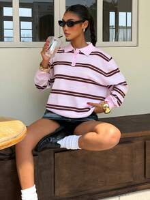 Muchica Women's Pink Striped Long-Sleeve Casual Sweater With Polo Collar , Autumn Winter - Pink - View 5