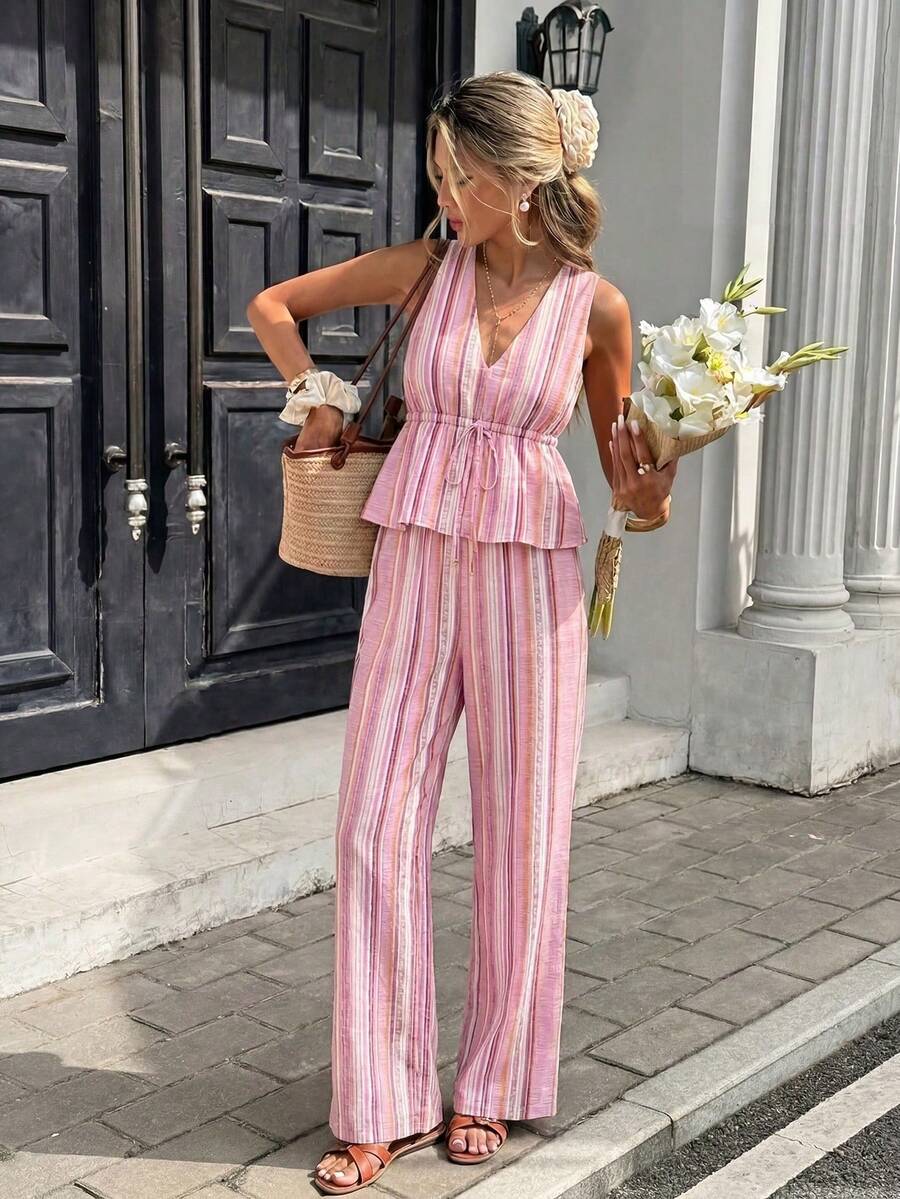 Serisse Casual Minimalist Style Pink Faux Texture Asymmetrical Stripe All-Over Print Pattern Women's 2-Piece Set Suitable For Spring/Summer Vacation - Multicolor - View 1