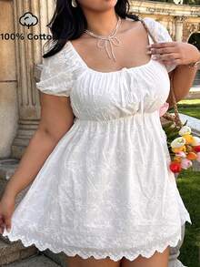 Lyrianda Plus Size Women's French Square Neck Puff Sleeve Embroidered Lace Cinched Waist Doll Dress, Gentle Style A-Line Short Sweet Pure Slimming Summer Short Dress, Pure White Minimalist Square Neck Date Casual Versatile Short Sleeve Summer Cool Dress - White - View 1